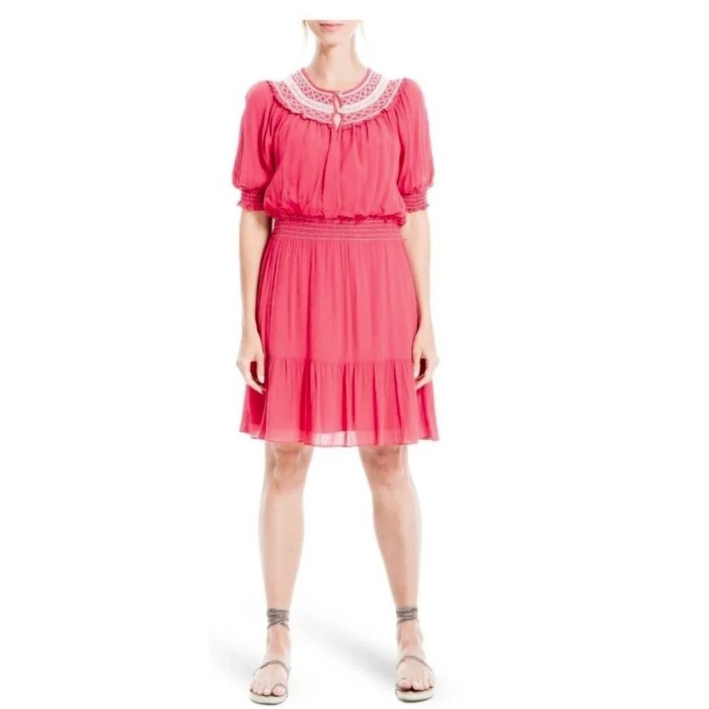Max Studio Women's Puff Sleeve Embroidered Fit & Flare Dress in Washed Red Small